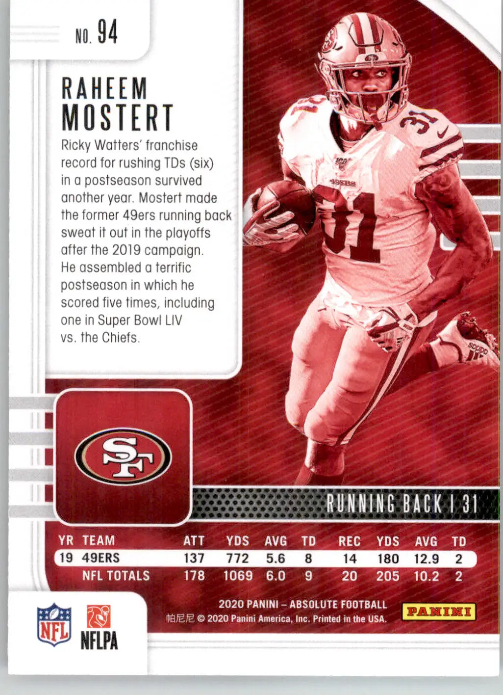 Raheem Mostert - 2020 Panini Absolute - #94 - Retail Football
