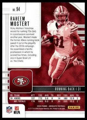 Raheem Mostert 2020 Panini Absolute Retail #94 San Francisco 49ers
