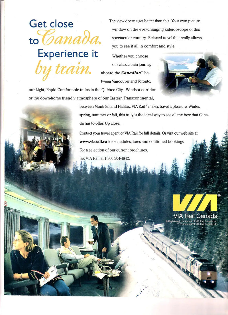 Advertisement for train travel across Canada in RailNews July 1999 Kansas Speedway issue