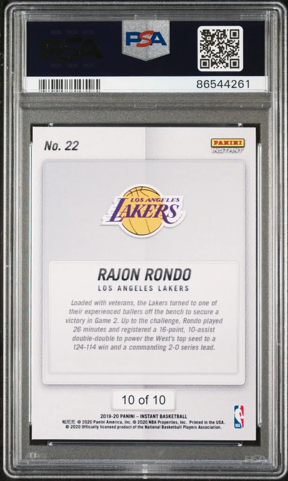Rajon Rondo 2020 Panini LA Lakers NBA Champions #22 Green Card 10/10 PSA 9 Mint - Basketball Card Single