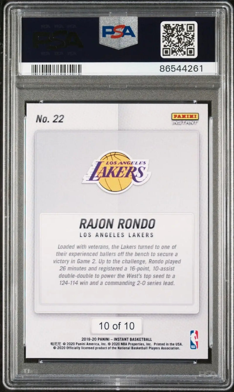 Rajon Rondo 2020 Panini LA Lakers NBA Champions #22 Green Card 10/10 PSA 9 Mint - Basketball Card Single