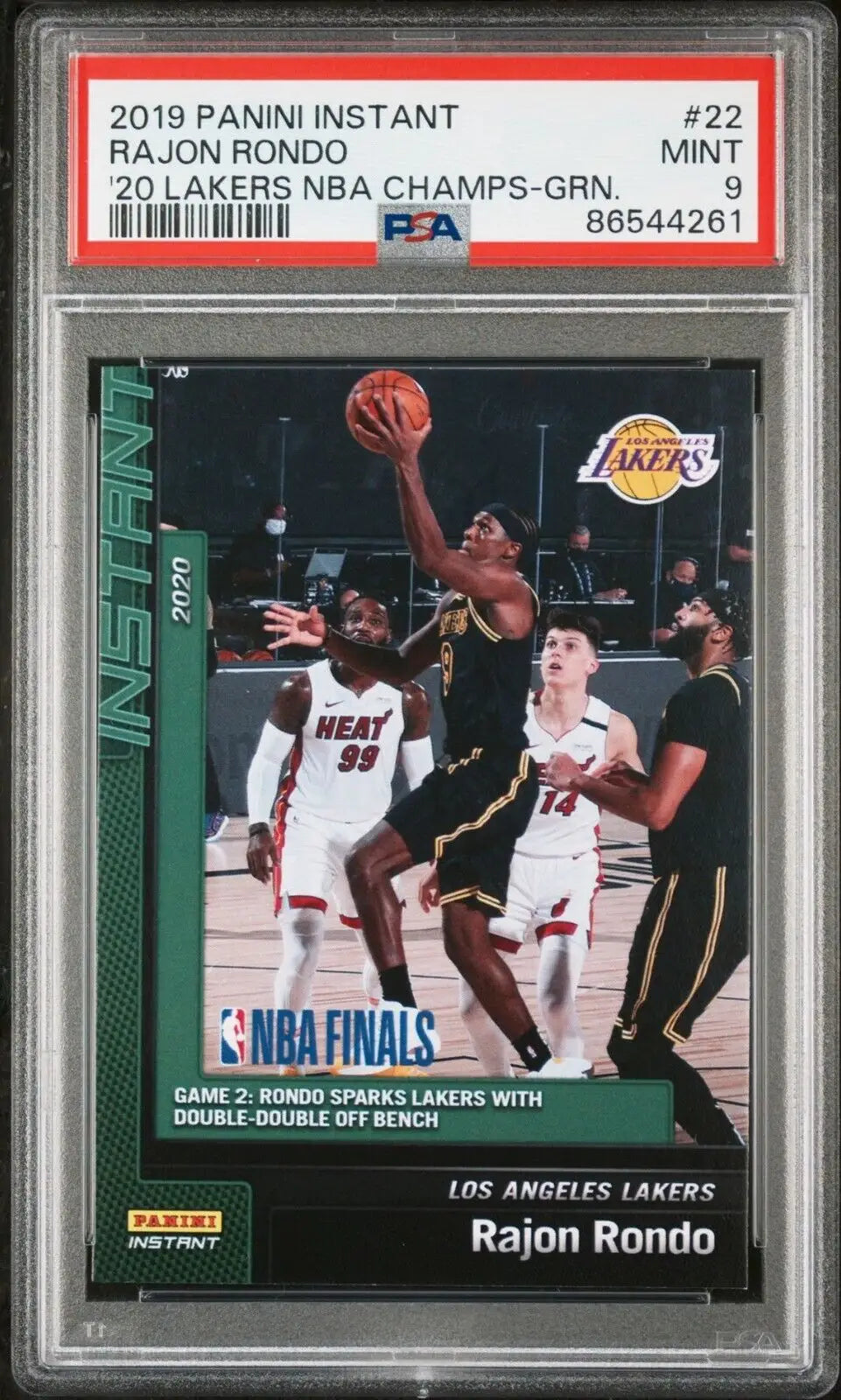Rajon Rondo 2020 Panini LA Lakers NBA Champions #22 Green Card 10/10 PSA 9 Mint - Basketball Card Single
