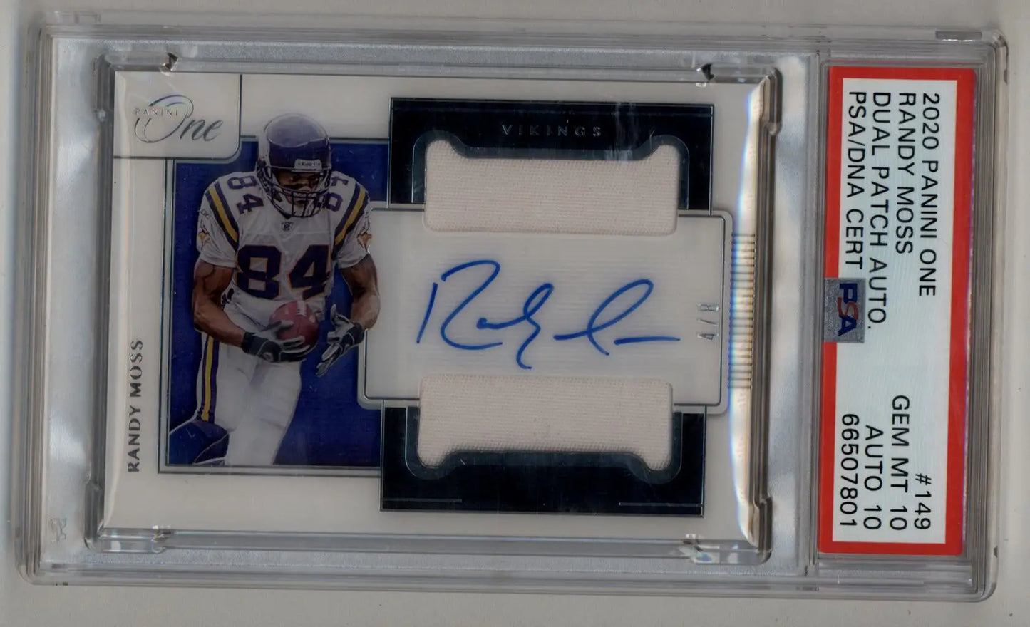 Randy Moss 2020 Panini One Dual Patch Auto 4/8 PSA 10 Gem Mint Auto 10 - Football Card Single
