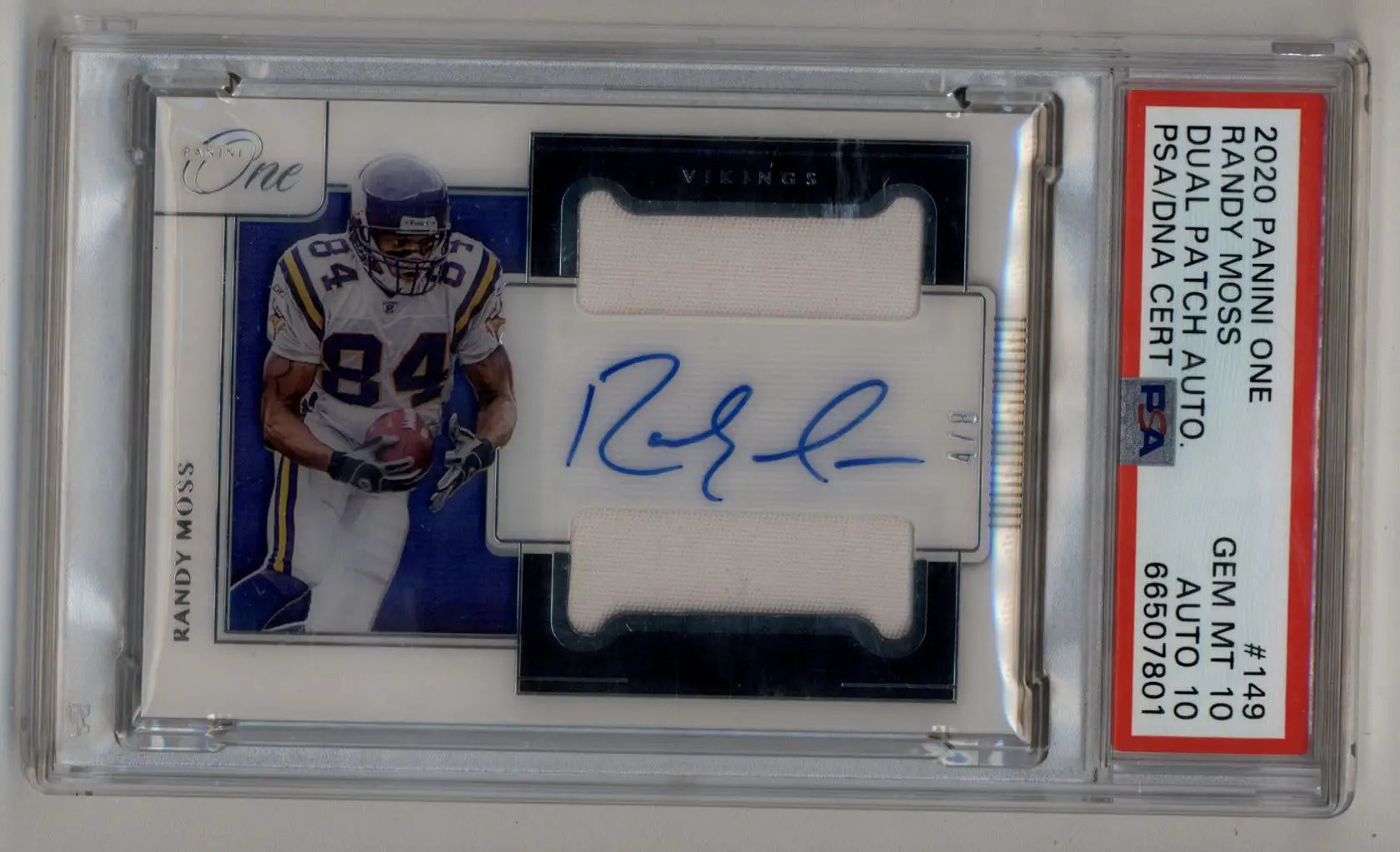 Randy Moss 2020 Panini One Dual Patch Auto 4/8 PSA 10 Gem Mint Auto 10 - Football Card Single