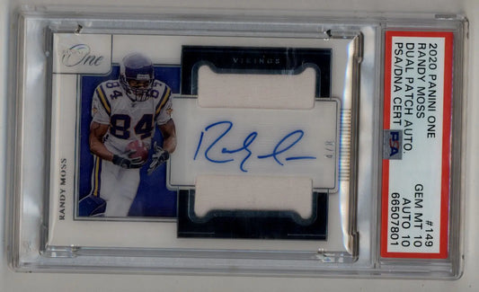 Randy Moss 2020 Panini One Dual Patch Auto 4/8 PSA 10 Gem Mint Auto 10 - Football Card Single