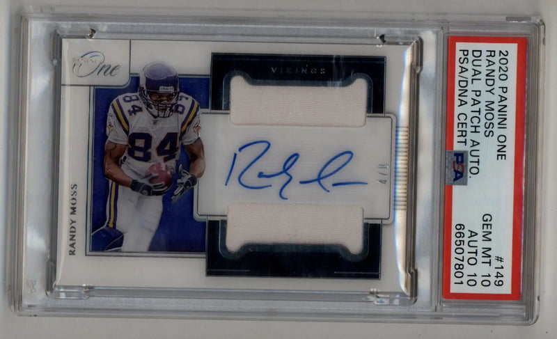 Randy Moss 2020 Panini One Dual Patch Auto 4/8 PSA 10 Gem Mint Auto 10 - Football Card Single