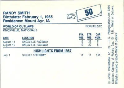 Randy Smith - 1987 World of Outlaws - #50 - Racing - Racing Card Single