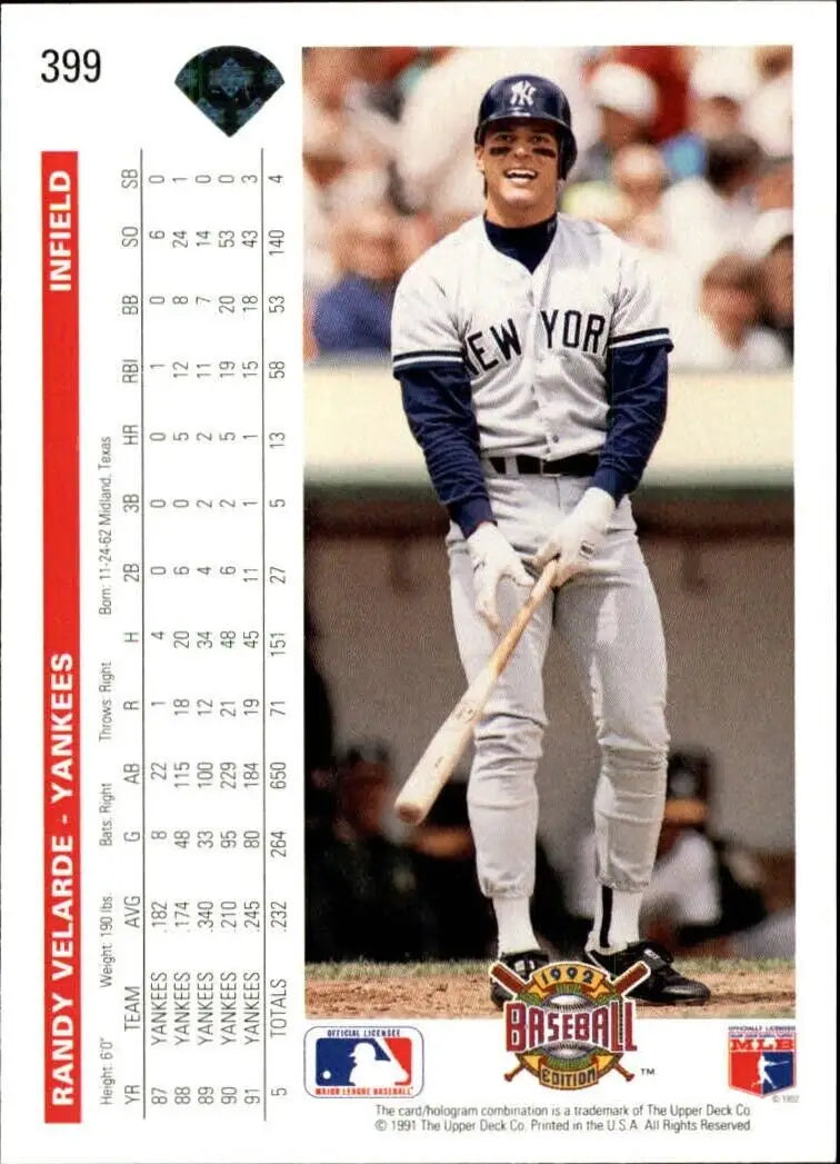 Randy Velarde 1992 Upper Deck MLB #399 Baseball Card New York Yankees