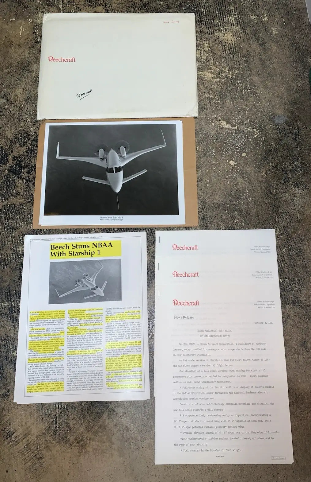 RARE 1983 Beechcraft Starship 1 Airplane Press Release Promo Kit Photo Specs + Other