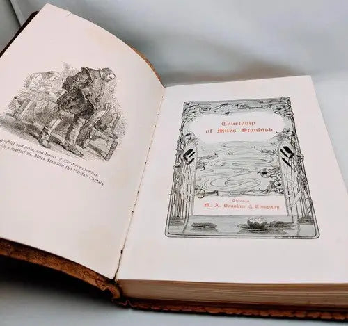 Open illustrated antique book with brown leather binding from Miles Standish circa 1900