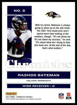 Rashod Bateman Rookie 2021 Panini Chronicles #8 Baltimore Ravens - Football Card Single