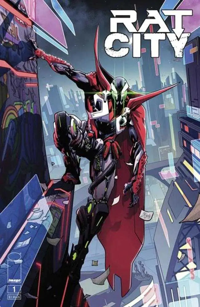Futuristic robotic figure with red cape in Rat City #1 Cover A Ze Carlos trading card