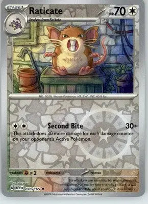 Raticate - 151 - 020/165 - Reverse Holo NM Pokemon - Pokémon Card Single