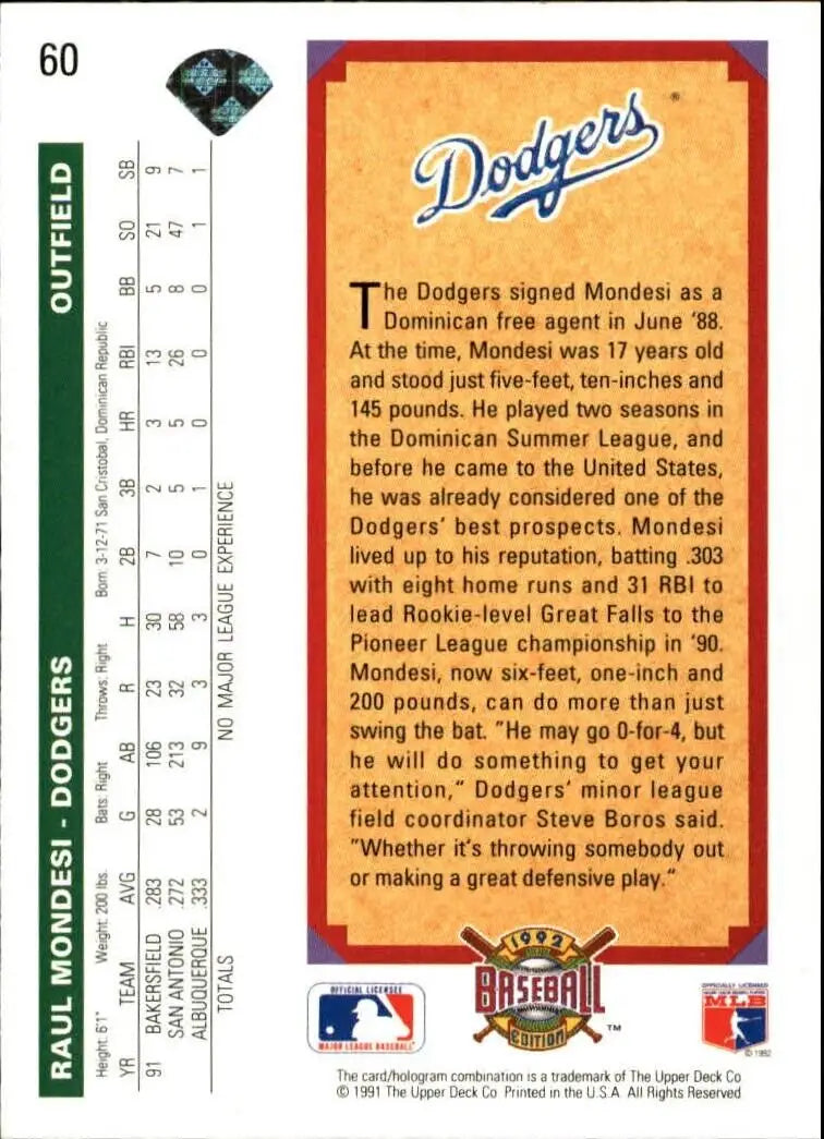 Raul Mondesi 1992 Upper Deck MLB #60 Baseball Card Los Angeles Dodgers