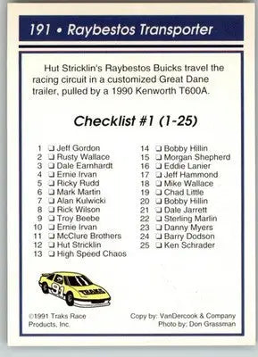 Raybestos Transporter - 1991 Traks - #191 - Racing - Racing Card Single