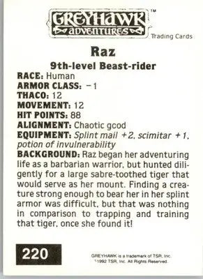 Raz - 1992 TSR Advanced Dungeons & Dragons - #220 - Non_sport - Non-Sports Card Single