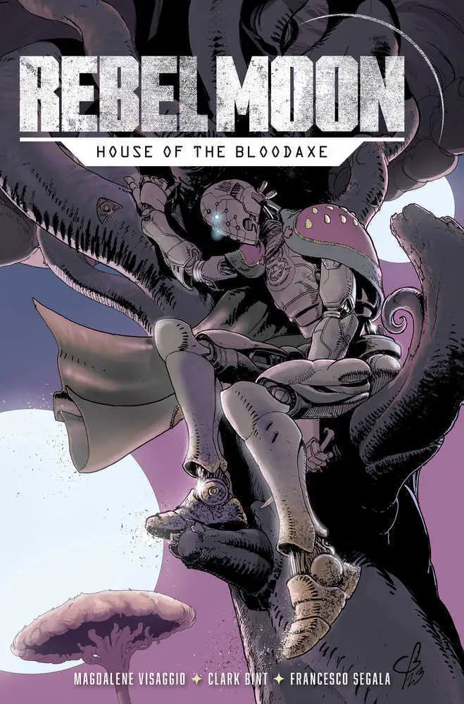 Comic book cover of Rebel Moon: House of the Bloodaxe with warrior and axe on purple backdrop