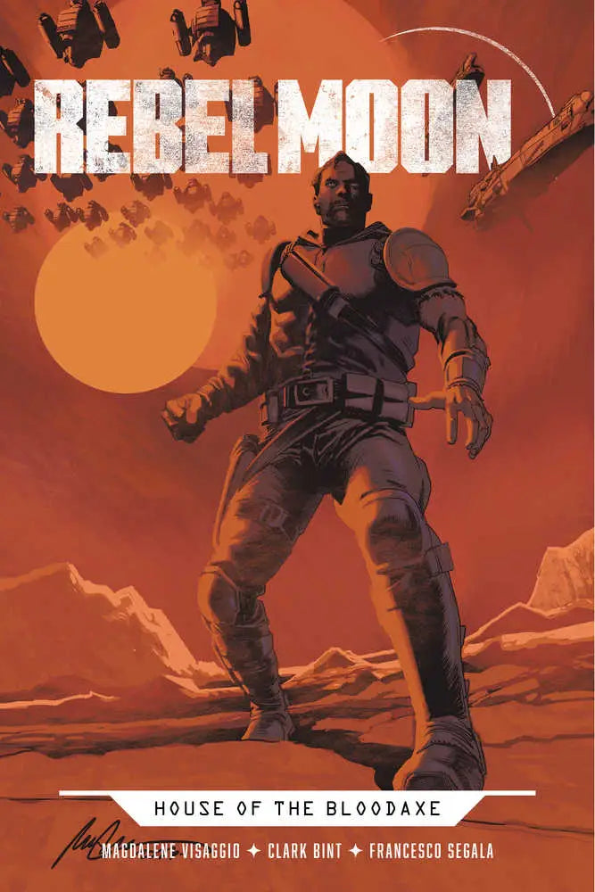 Heavily armored figure in combat pose under an orange sky with TIE fighters for Rebel Moon