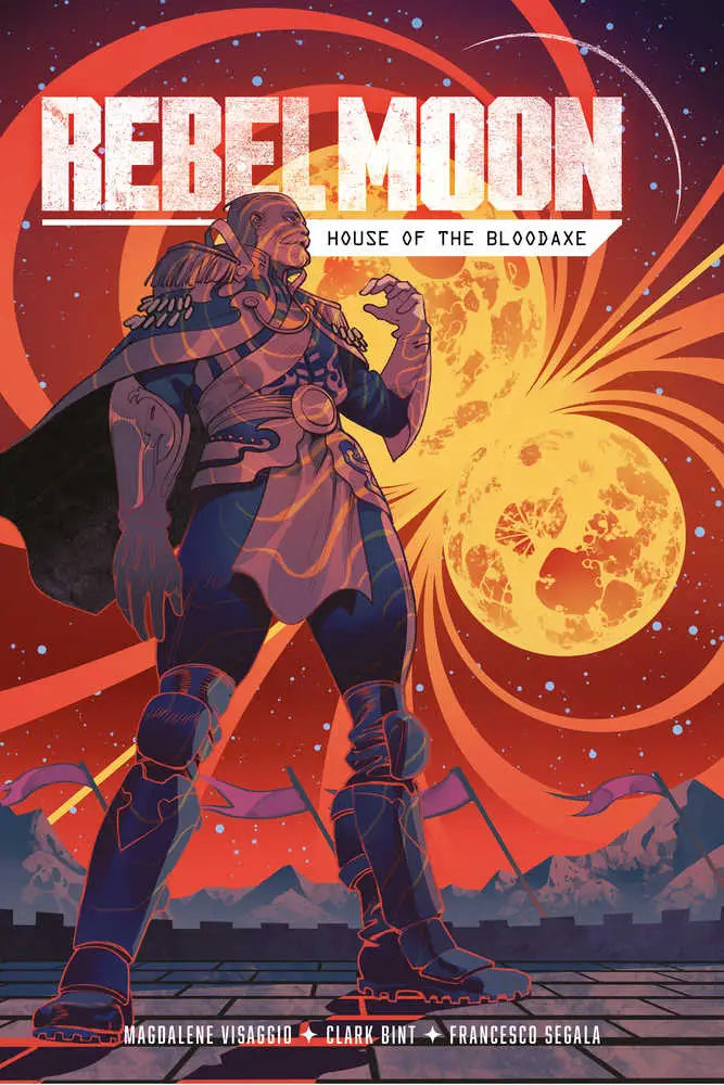 Mecha warrior silhouette against a red moon for Rebel Moon House Blood Axe trading card