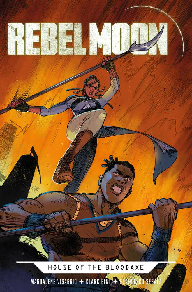 Comic book cover of Rebel Moon showcasing two warriors against an orange sky