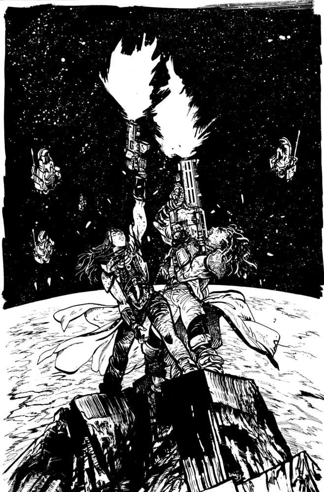 Armored warrior with a flaming sword on rocky outcrop from Rebel Moon trading cards