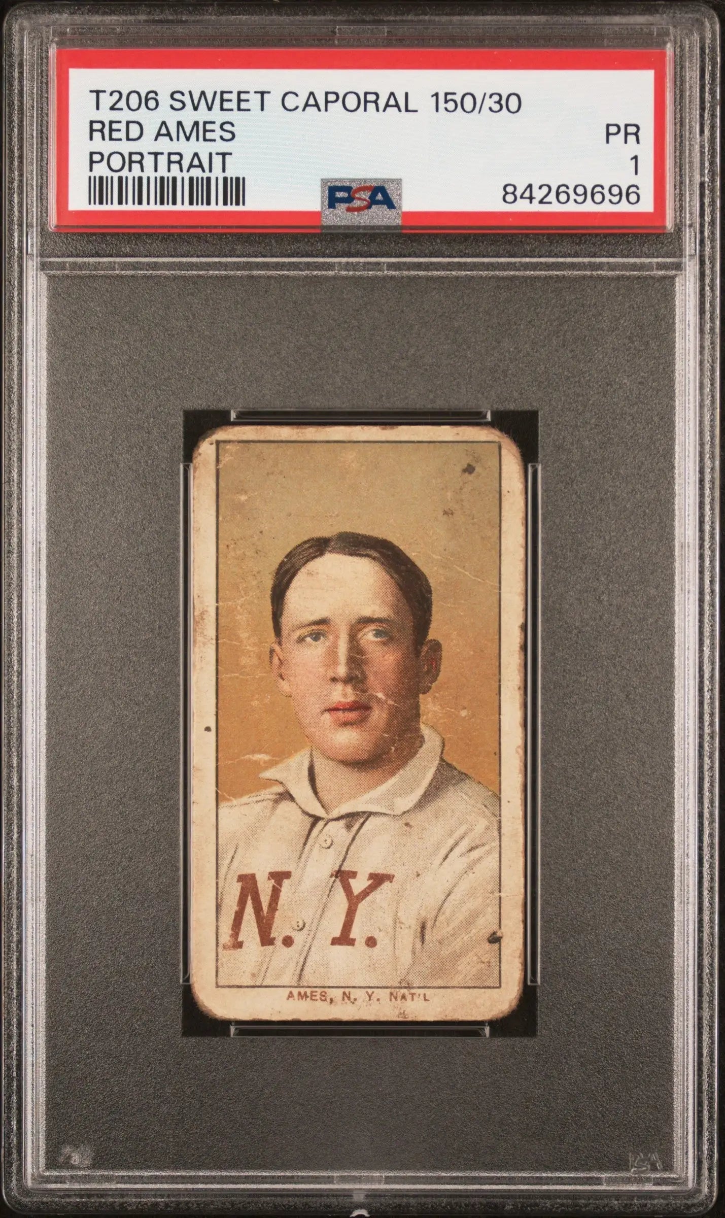 Vintage Red Ames T206 Sweet Caporal baseball card in PSA holder, graded Poor