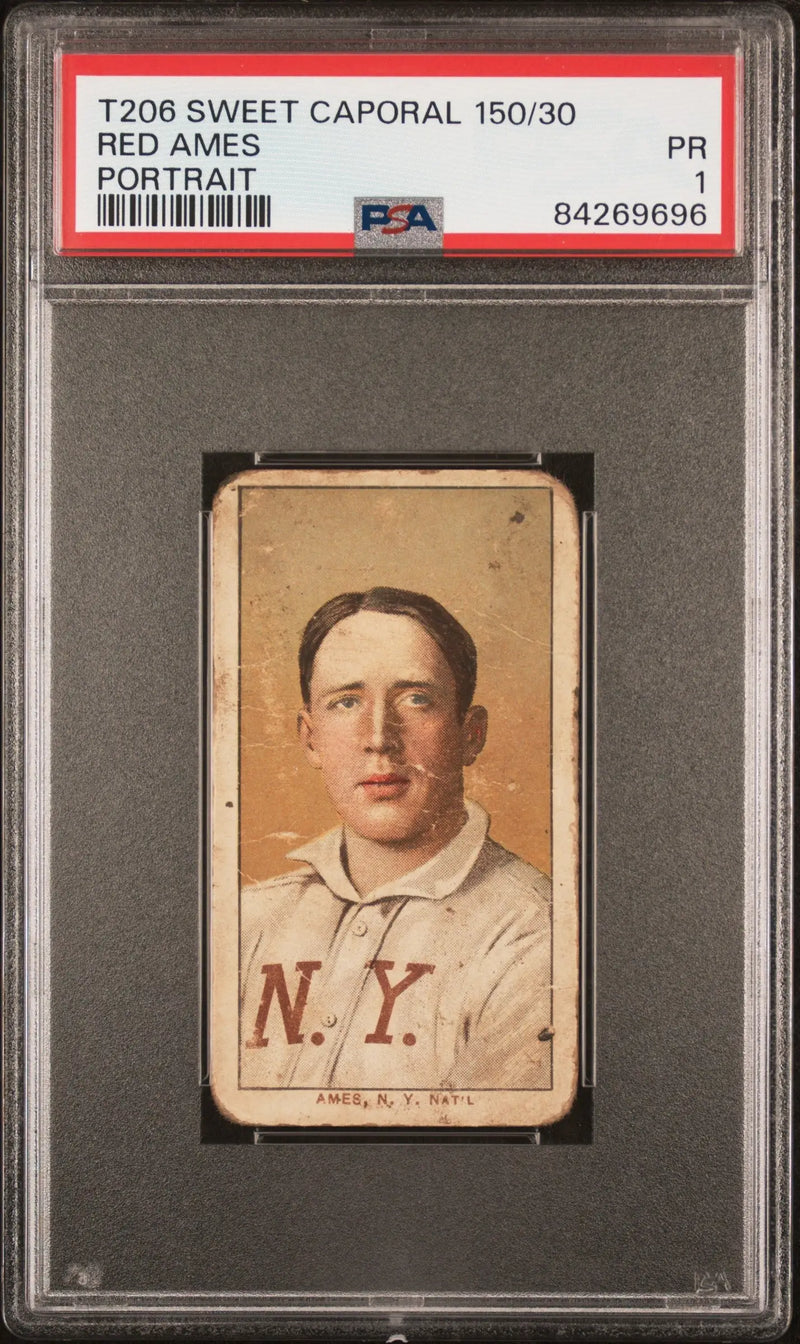 Vintage Red Ames T206 Sweet Caporal baseball card in PSA holder, graded Poor