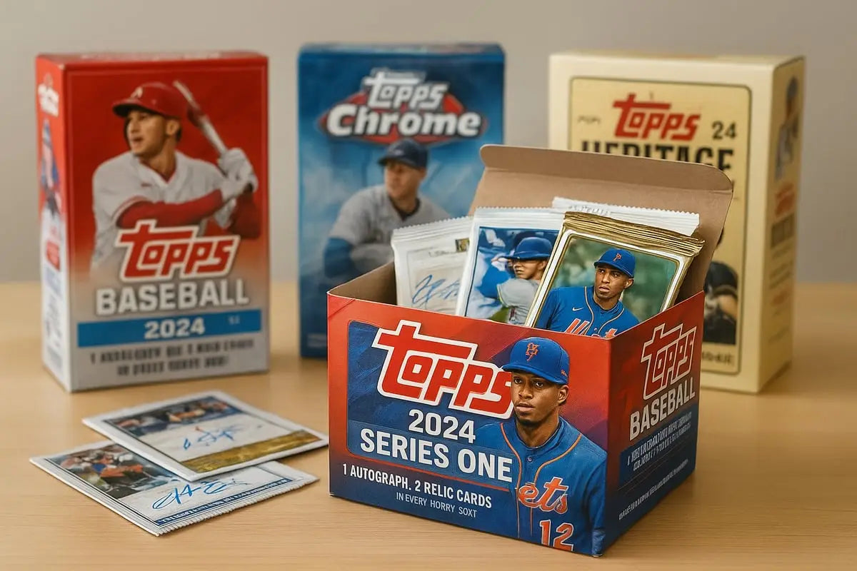 Red and blue Topps 2024 Series 1 hobby box with Mets player