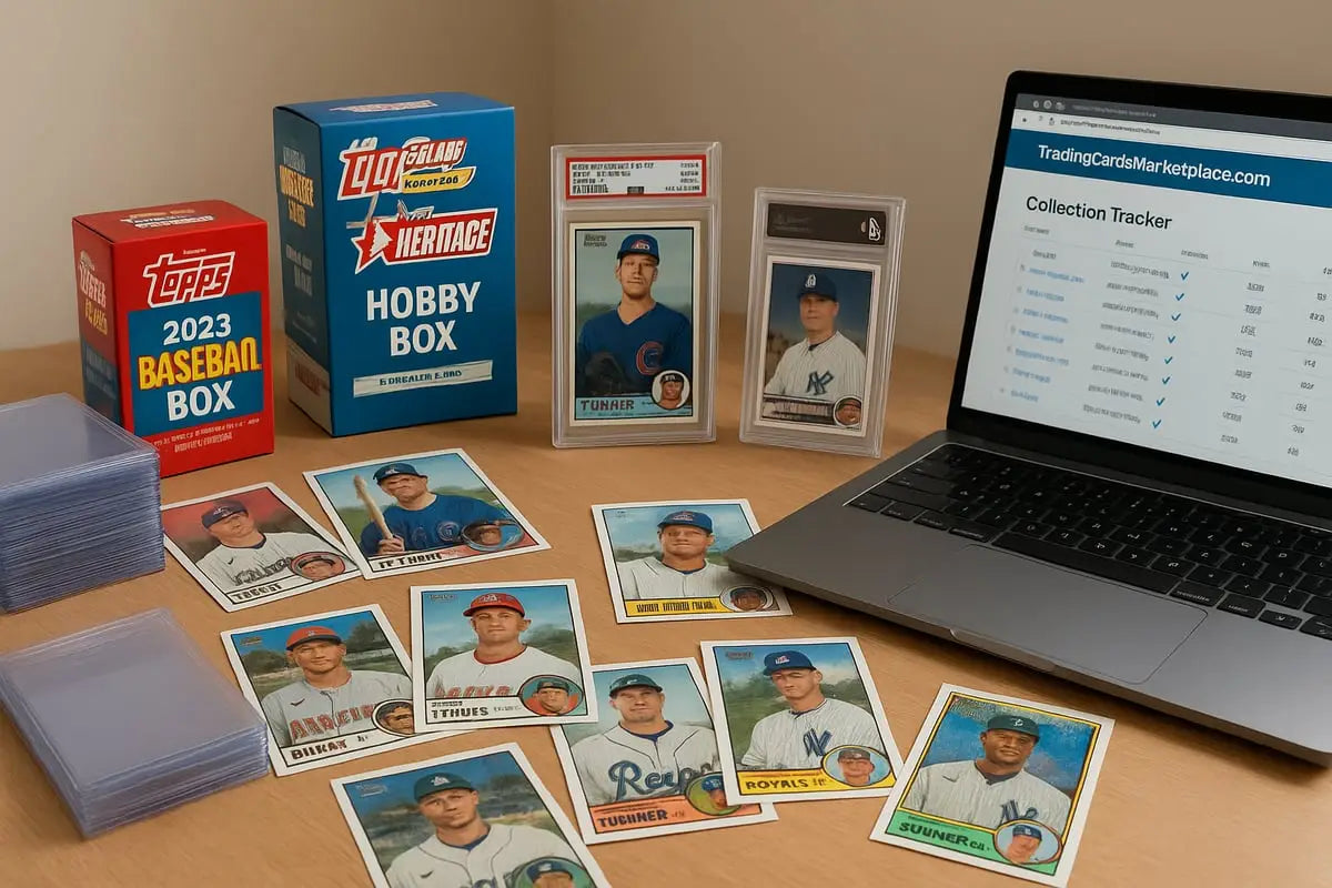 Red and blue Topps Heritage cards hobby boxes beside trading marketplace laptop
