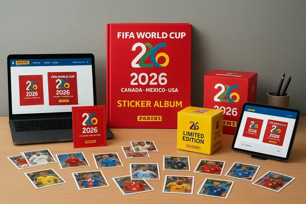Red Panini FIFA World Cup 2026 sticker album cover for shop Panini cards