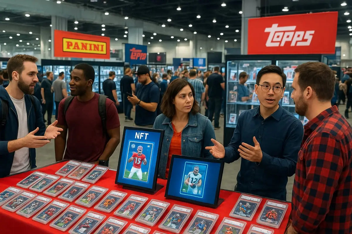Red framed football cards on display at 2026 convention
