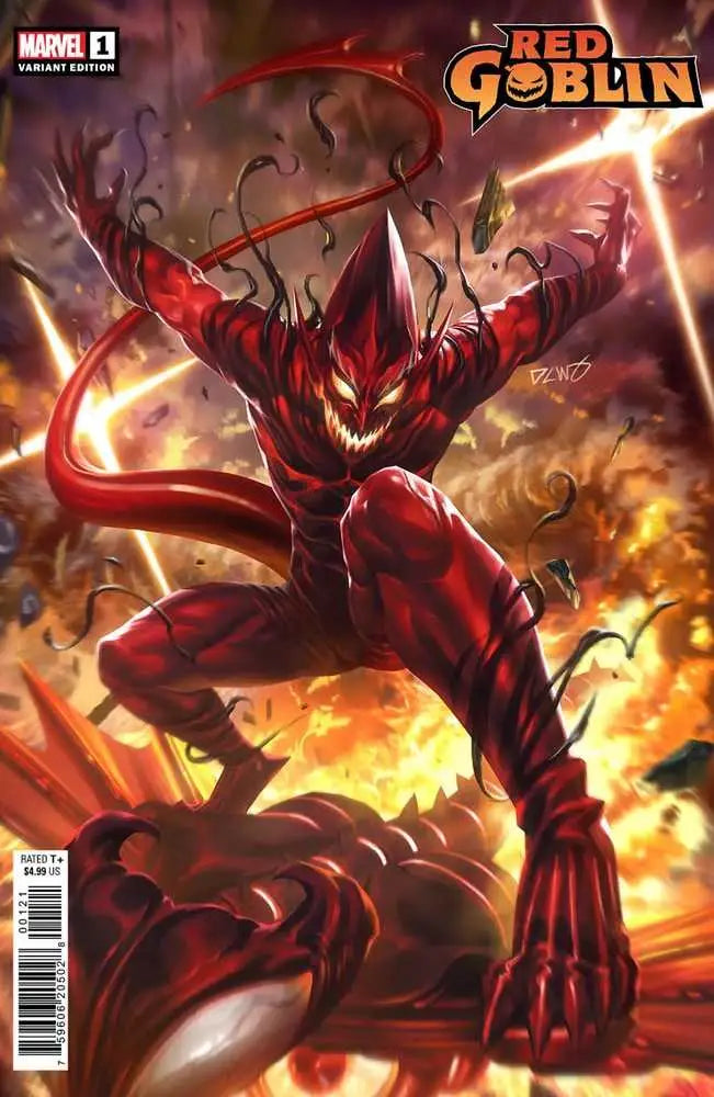Red Goblin character leaping with claws out in Red Goblin #1 Chew Variant trading card