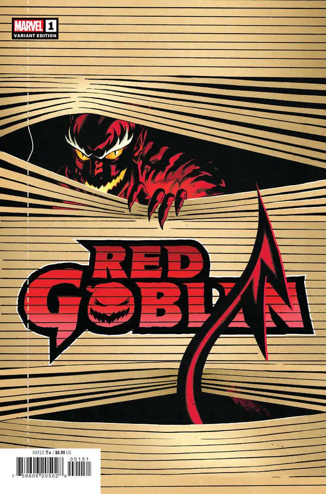 Comic book cover of Red Goblin #1 with a menacing red goblin peeking through slats