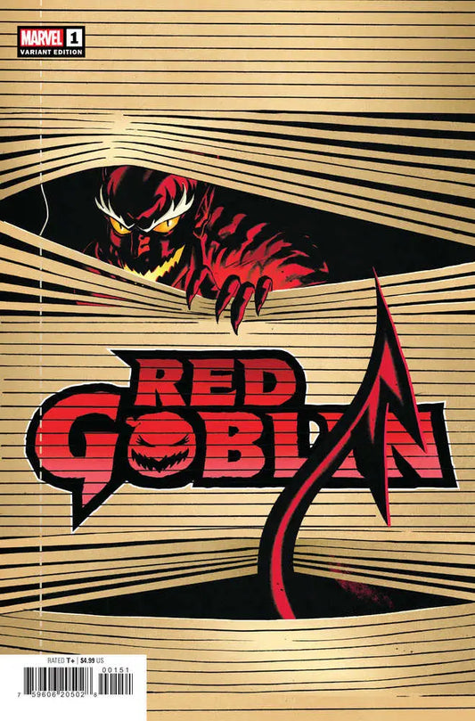Comic book cover of Red Goblin #1 with a menacing red goblin peeking through slats