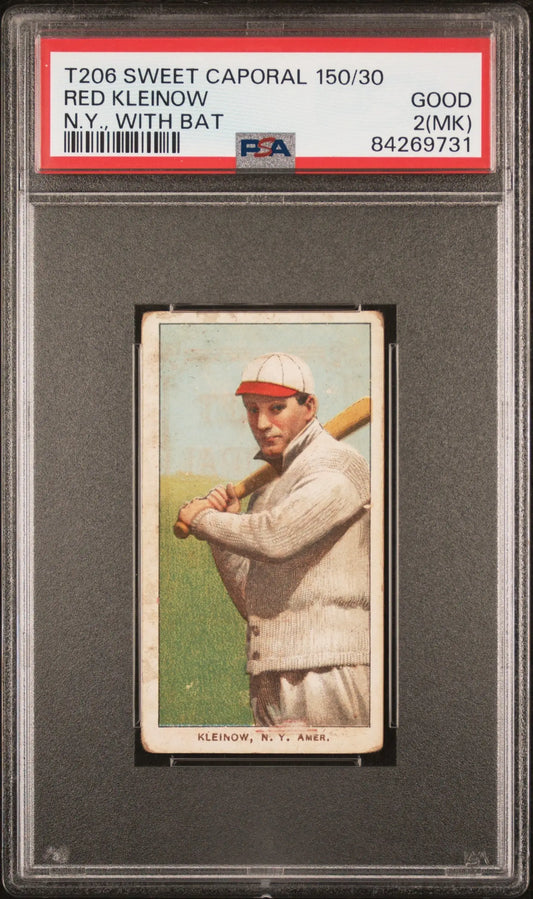 Red Kleinow 1909-11 T206 Sweet Caporal 150/30 N.Y. With Bat PSA 2 Good MK - Baseball Card Single