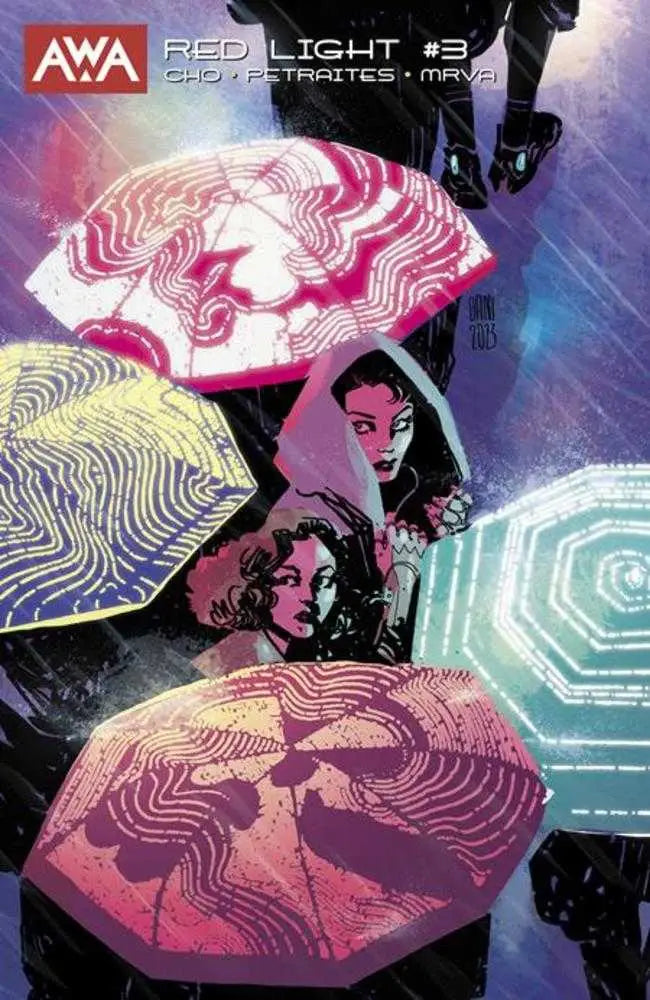 Comic book cover art with psychedelic patterns and silhouettes in vibrant tones for trading cards