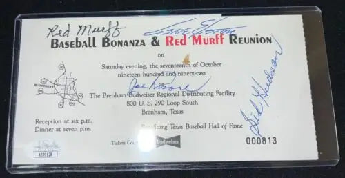 Signed Red Murff Reunion ticket featuring Gene Elston and Joe Moore, JSA Certified