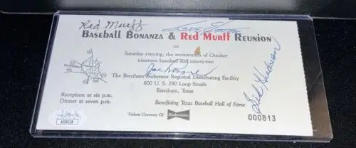 Autographed Red Murff Reunion Ticket featuring Gene Elston, Joe Moore, Sid Hudson