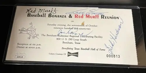 Signed Red Murff Reunion ticket featuring Gene Elston, Joe Moore, and Sid Hudson