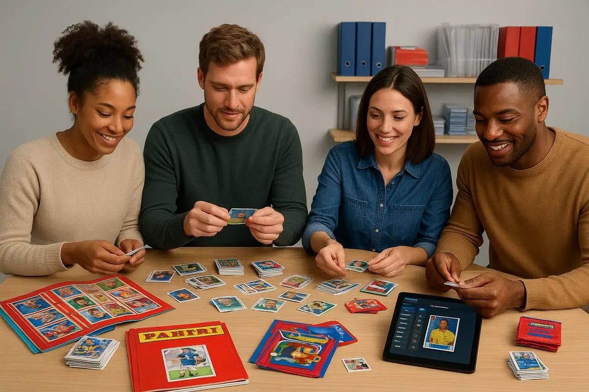Red Panini sticker album with soccer player cover and colorful World Cup cards