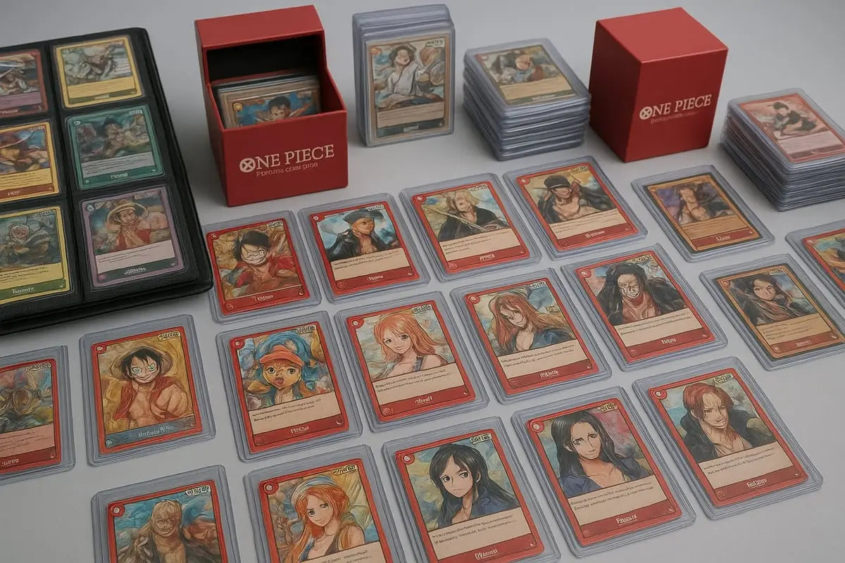 Red One Piece TCG collection box with sleeves and illustrations