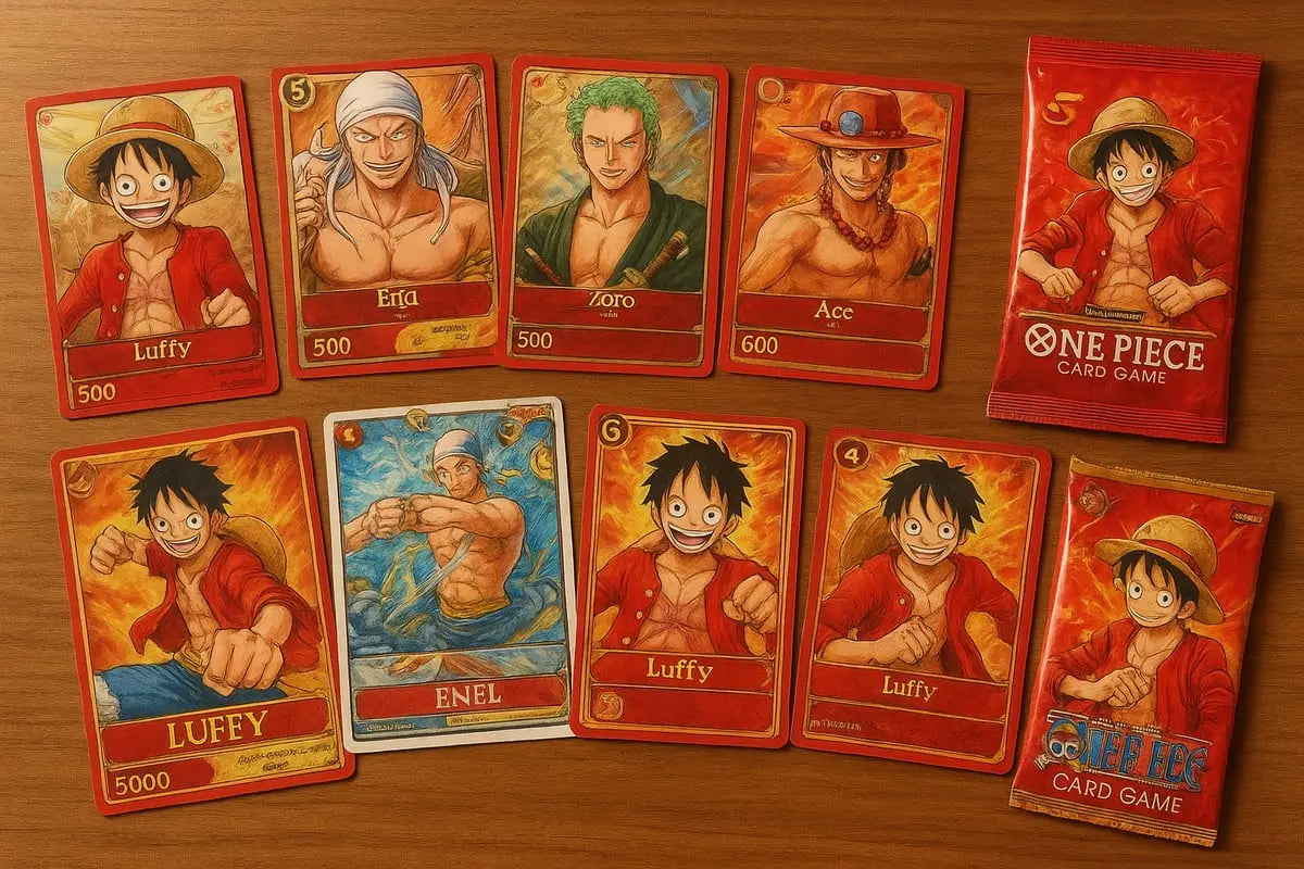 Red One Piece trading cards with Luffy, Zoro, and Ace characters