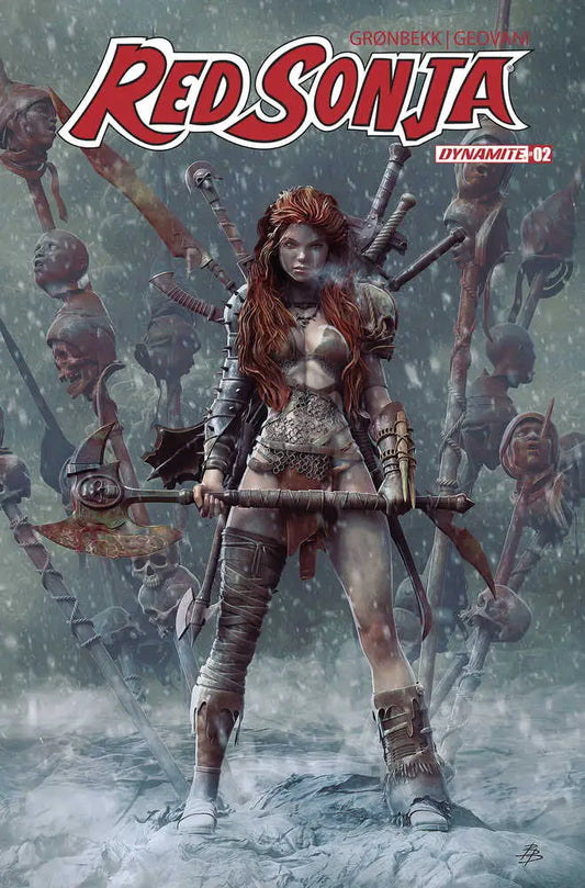 Red Sonja 2023 #2 Cover C Barends with warrior woman, red hair, and weapons drawn