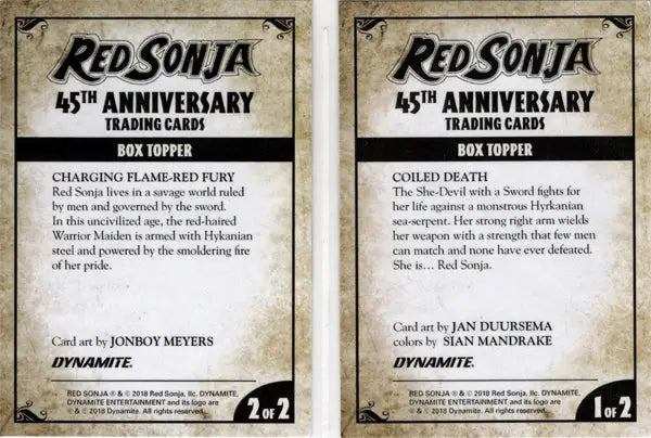 Red Sonja 45th Anniversary card box topper set featuring two trading cards