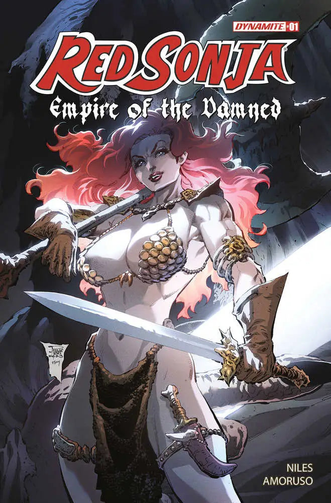 Comic book cover of Red Sonja with red hair wielding a sword in Empire Damned #1