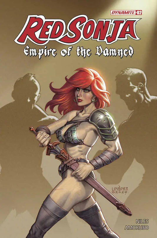 Comic book cover of Red Sonja, warrior woman in armor with sword, Empire Damned #2