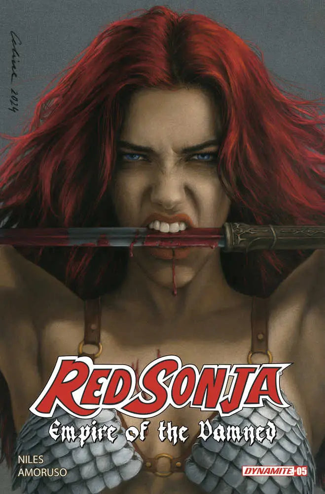 Comic book cover of Red Sonja Empire of the Damned featuring a warrior with red hair