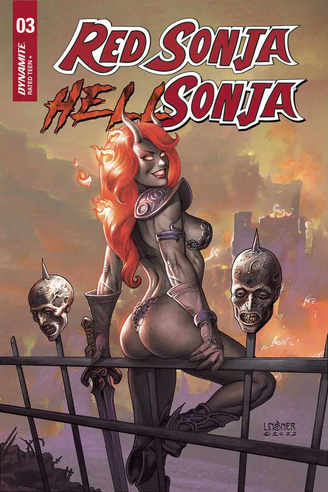 Comic book cover for Red Sonja Hell Sonja #3 featuring a fierce warrior and skull elements