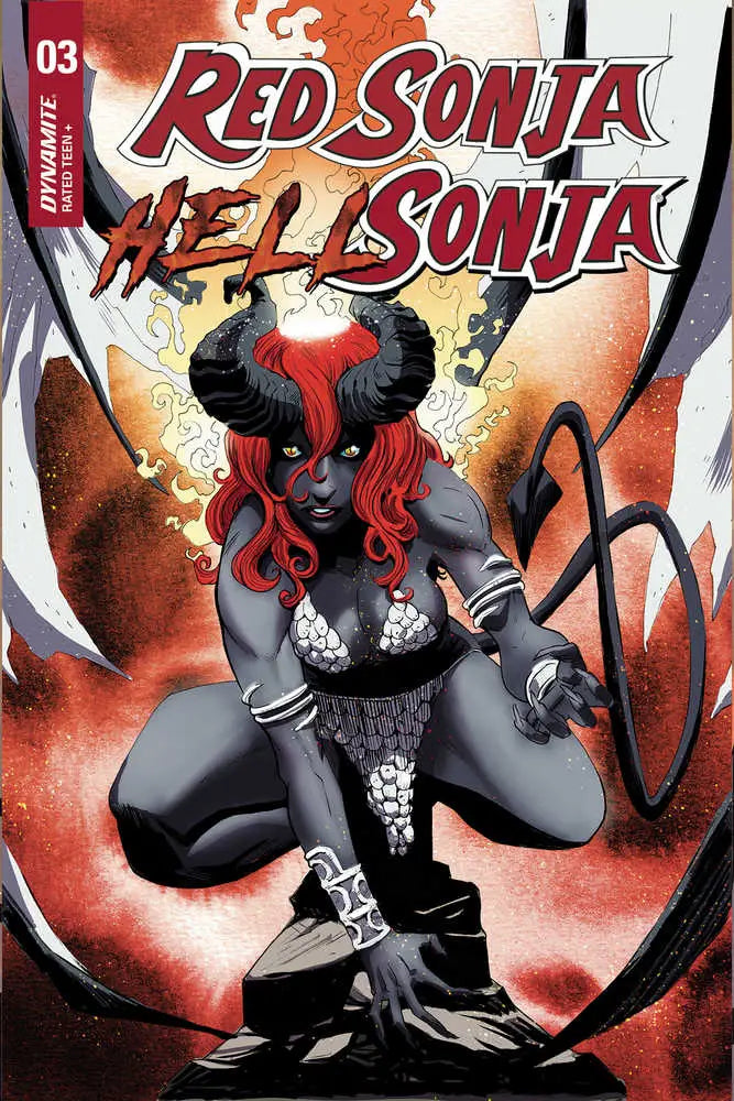 Demonic warrior Hell Sonja with red hair in battle attire on Red Sonja cover art