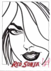 Stylized black and white woman’s face sketch card by John Czop with bold red lips
